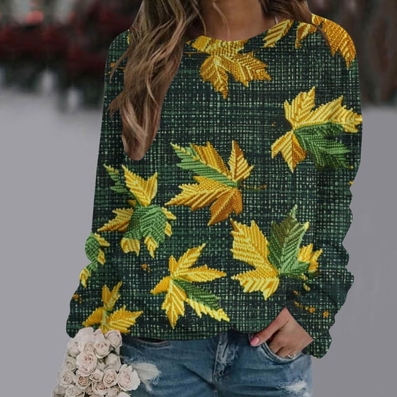 LEBONYARD Womens Tops Long Sleeve Plus Size,Women Fashion Casual Print Round Neck Loose Long Sleeve Sweatshirts Blouse Yellow XXL