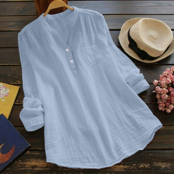 LEBONYARD Womens Tops Long Sleeve Plus Size,Women's Summer Solid Color Loose Slim V-neck Long-Sleeved Cotton and Linen Long-sleeved V-neck Top/shirt Blue M