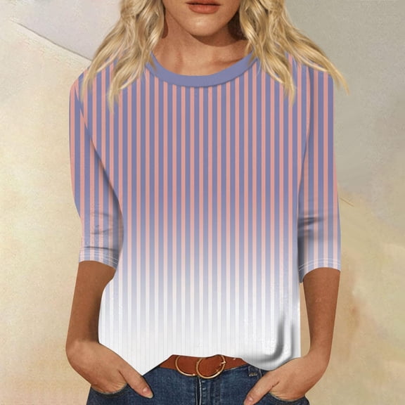 LEBONYARD Womens Tops Long Sleeve,Plus Size Womens Tops 2024,Women's Fashion Printed T-shirt 3/4 Sleeves Blouse Round Neck Casual Tops Pink XL