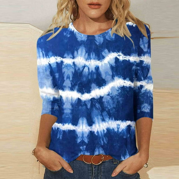 LEBONYARD Womens Tops Long Sleeve,Women's Fashion Printed T-shirt 3/4 Sleeves Blouse Round Neck Casual Tops Navy XXL