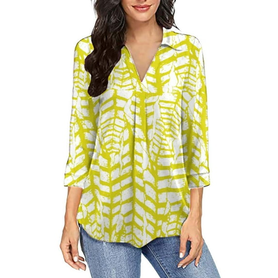 LEBONYARD Womens Tops Long Sleeve,Womens Fall Fashion 2024 Womens Tops Clearance under $5 up to 50% off,Fashion Woman V Neck Three Quarter 3/4Sleeve T Shirt Printing Blouse Tops Sweatshirt Yellow S