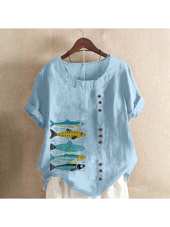 Womens Tops Plus Size,Clothes under $5 2024,Women Casual Cotton and Linen Top Ocean Fish Printed Short Sleeve Button Tunic T-shirt Blouse Tops Blue S