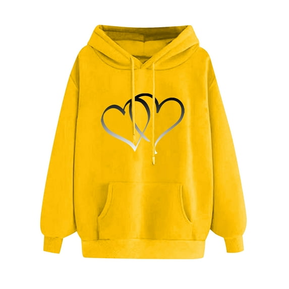LEBONYARD Womens Tops Plus Size,Fall Fashion Plus Size Tops Clearance under $5 New Trendy,Women's Comfortable Sweater Heart Pattern Printed Women's Hooded Pocket Drawstring Sweater Yellow M