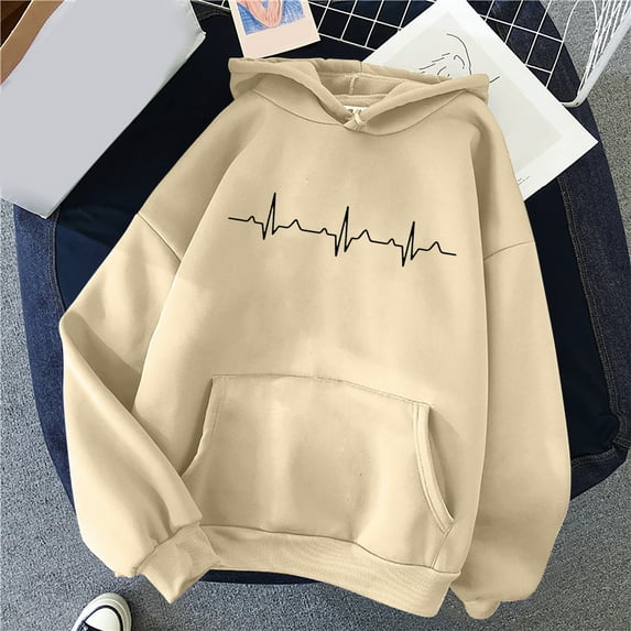 LEBONYARD Womens Tops Plus Size,Fall Fashion Plus Size Tops Clearance under $5 New Trendy,Women's Comfortable Sweater Heart Pattern Printed Women's Hooded Pocket Drawstring Sweater Beige XXL