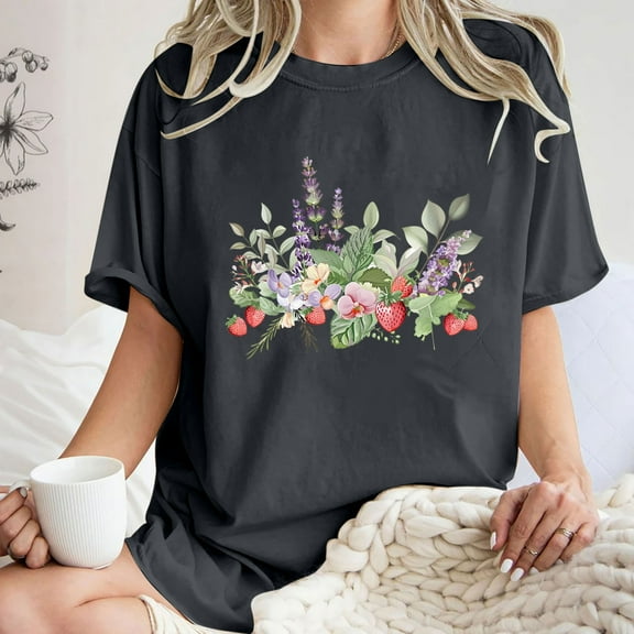 LEBONYARD Womens Tops Plus Size,Short Sleeve Shirts for Women up to 50% off,Women's Fashion Summer Round Neck Drop Sleeves Leisure Short Sleeve Flower Printing Tops Dark Gray L