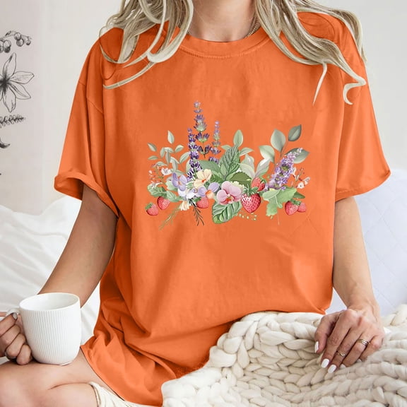 Going Out Tops for Women LEBONYARD Womens Tops Plus Size,Women's Fashion Summer Round Neck Drop Sleeves Leisure Short Sleeve Flower Printing Tops Orange S