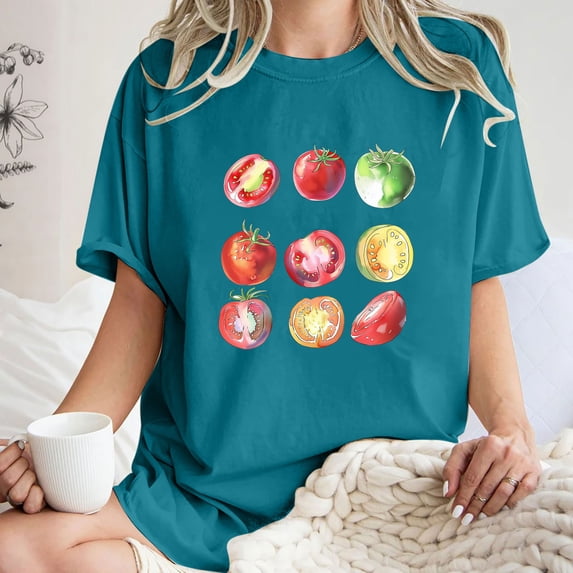 LEBONYARD Womens Tops Plus Size,Tops for Women Trendy Sexy up to 50% off,Women's Fashion Summer Round Neck Drop Sleeves Leisure Short Sleeve Fruit Printing Tops Blue XXL