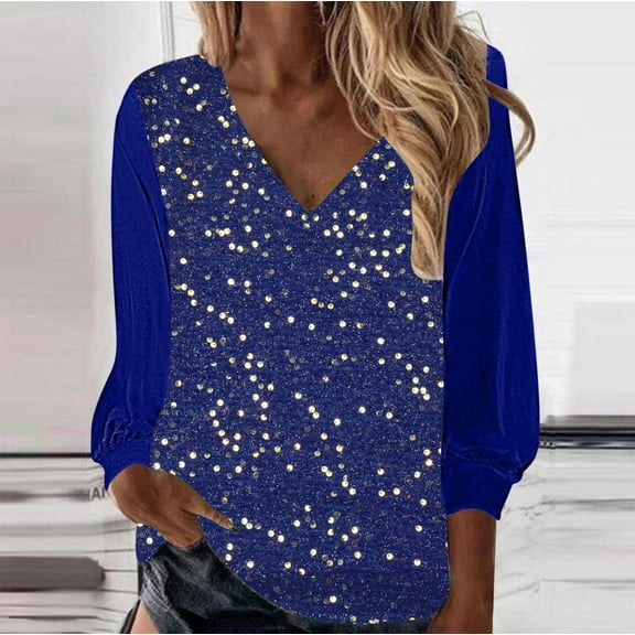 LEBONYARD Womens Tops Plus Size,Women's Fall And Winter V-neck Sequin Bead Patchwork Casual T-shirt Long Sleeved Top Blouse Blue S