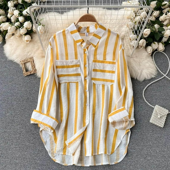 LEBONYARD Womens Tops Plus Size,Women's Summer Casual Mid-length Vertical Striped Multi-colored Shirt Yellow XXXL