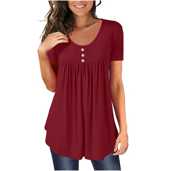 LEBONYARD Womens Tops Plus Size,Women's Summer Solid Color Round Neck Button Pleated Short Sleeve Tops Red L