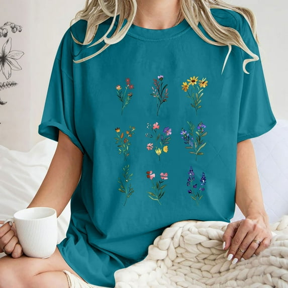 LEBONYARD Womens Tops Plus Size,Womens T Shirts Clearance Clothes $5 clearance,Women's Fashion Summer Round Neck Drop Sleeves Leisure Short Sleeve Flower Printing Tops Blue S