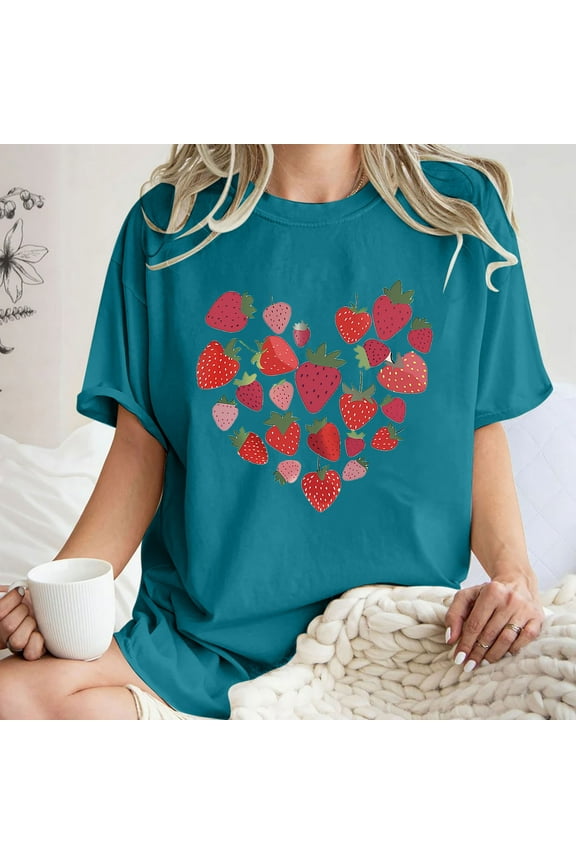 Womens Tops Plus Size,Womens Tops Summer 2024 50% off clear,Women's Fashion Summer Round Neck Drop Sleeves Leisure Short Sleeve Fruit Printing Tops Blue XXL