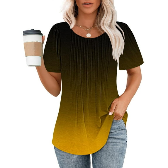 LEBONYARD Womens Tops Summer,Tops for Women Trendy Summer fashion deals,Fashionable Women's Casual Short Sleeved Loose Round Neck Printed Top Yellow S
