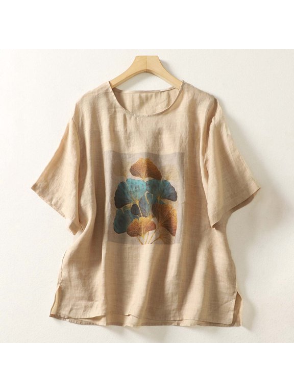 Womens Tops Summer,Tops for Women Women's Casual Short Sleeve Round Neck Tops Summer Loose Tee Shirts Blouse Beige L