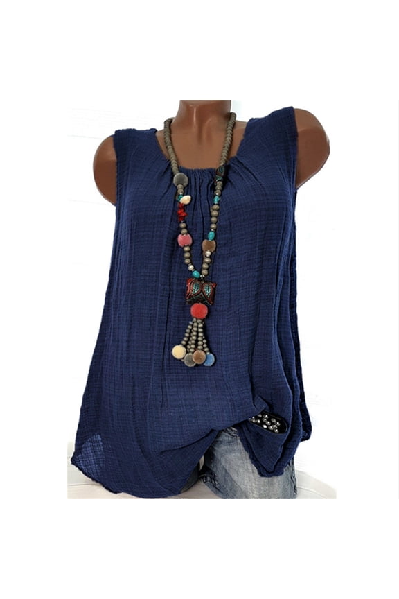 Womens Tops Summer,Womens Cotton Linen Sleeveless Baggy T-shirt Vest Tee Blouse Tank Tops Plus Size Blue XL