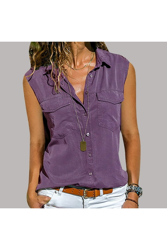 Womens Tops Summer white blouse spring,Women Casual Solid Sleeveless Turn Down Collar Pockets Buttons Shirt Tops Purple XXL