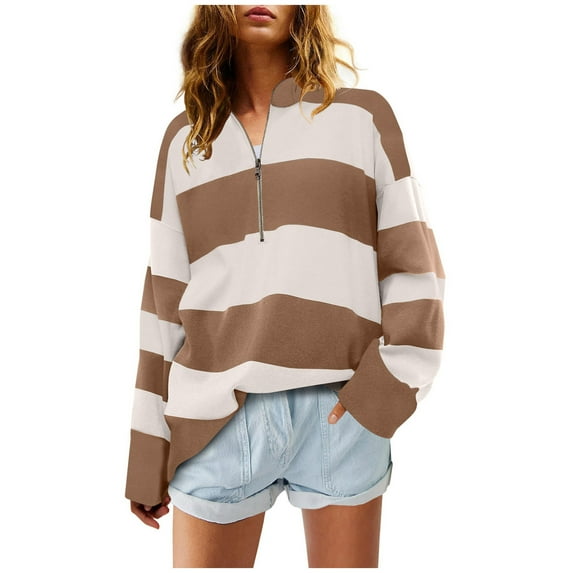 LEBONYARD Womens Tops Womens Plus Size Clearance $5,Womens Oversized Striped Shirt Half Zip Sweatshirt Color Block V Neck Top Casual Long Sleeve Pullover Khaki XXL