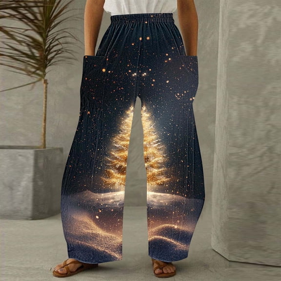 LEBONYARD Womens Trouser Pants,Women Casual Printing Pockets Elastic Mid-Waist Comfortable Wide-Legged Loose Pants Multicolor S
