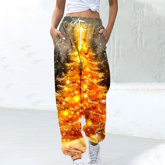 LEBONYARD Womens Trousers High Waisted,Women' Christmas Printed Comfortable Loose High Waisted Drawstring Pants with Waistband and Foot Binding Sweatpants Multicolor XXL