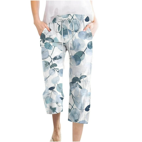 LEBONYARD Womens Trousers with Pockets,Women Casual Pants Straight Leg Retro Leaf Pants Drawstring Elastic Waist Loose Comfy Trousers with Pockets White XXL