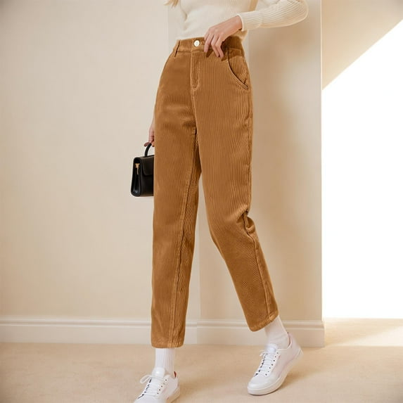 LEBONYARD Womens Trousers with Pockets,Women's Corduroy Solid Color Casual Pocket Straight Leg Pants Long Pants Brown M