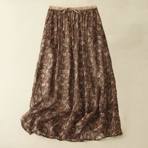 LEBONYARD Womens Tulle Skirt Elastic High Waist,Floral Vintage Mid-length-line Skirt Girl Coffee M