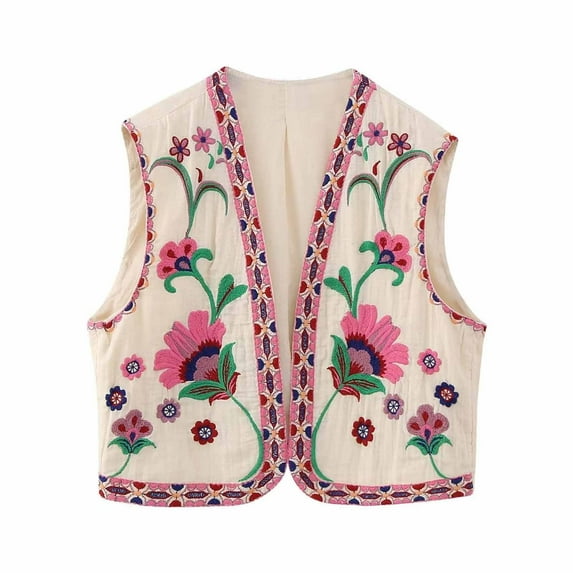 LEBONYARD Womens Vests Outwear,Fall Vest for Women 2024 Clearance,Women Vintage Embroidered Vest Tops Linen Cropped Sleeveless Floral Cardigans Fashion Vests