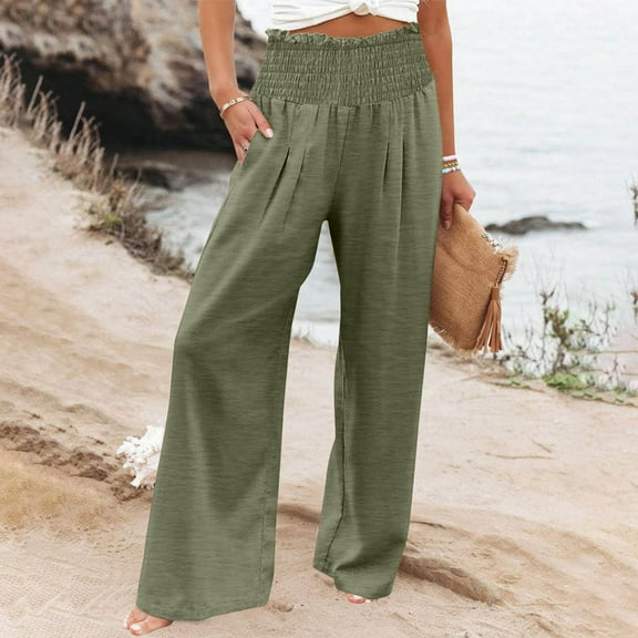 LEBONYARD Womens Wide Leg Lounge Pants with Pockets,Womens Pants Plus Size Clerance Elastic Waist,Women Casual Cotton Linen Drawstring Elastic Waist Long Wide Leg Pants Green L