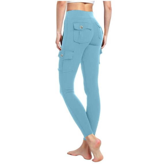 LEBONYARD Womens Yoga Pants Clearance under $5,Women's Casual Trousers Solid Elastic Waist Pants Stretchy Stylish Pants Yoga Cargo Pants with Pocket Sky Blue M