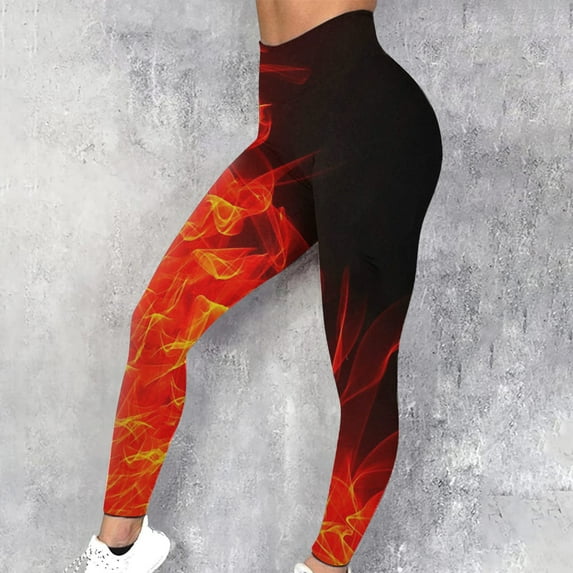 LEBONYARD Yoga Pants Plus Size,Women's Flame Printed Leggings Fitness Running Tight Yoga Pants Red L