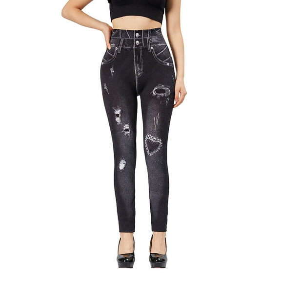 LEBONYARD Yoga Pants for Women,Clearance High Waisted Yoga Pants for Women,Women's Fashion Elastic Imitation Denim Print Leggings with Yoga Sport Elastic Pants Black Free Size