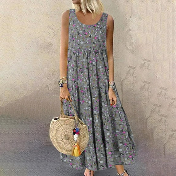 LEBONYARD Young Adult Dresses,Women Plus Size CasualPrinted Round-Neck Short Sleeve Loose Knee-Length Dres Gray L