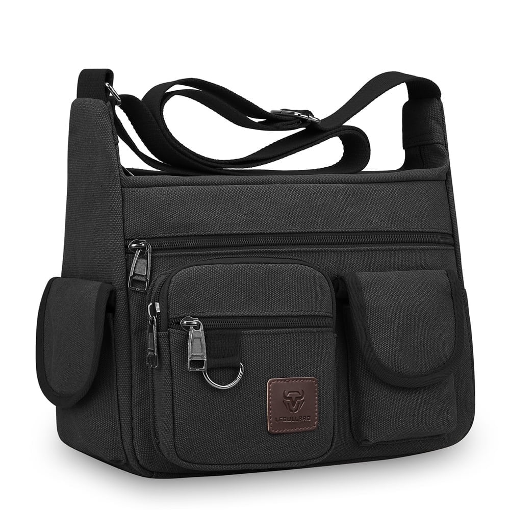 LEBULLBRO Canvas Messenger Bag for Mens Womens Multi-pockets 13 inch Laptop Shoulder Sling Bags School Crossbody Bags Travel Black