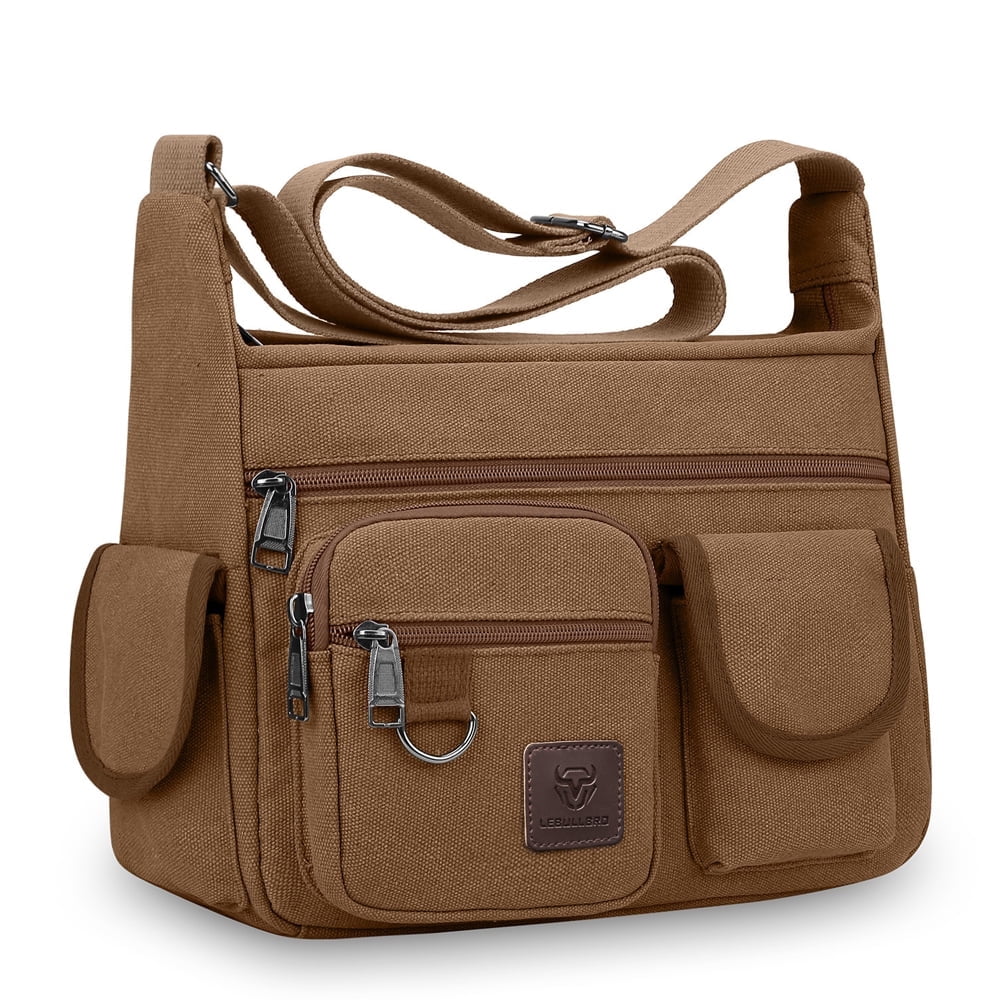 LEBULLBRO Canvas Messenger Bag for Mens Womens Multi-pockets 13 inch Laptop Shoulder Sling Bags School Crossbody Bags Travel Brown