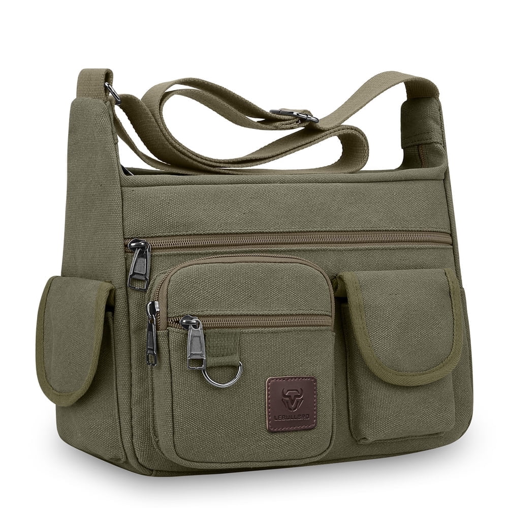 LEBULLBRO Canvas Messenger Bag for Mens Womens Multi-pockets 13 inch Laptop Shoulder Sling Bags School Crossbody Bags Travel Green