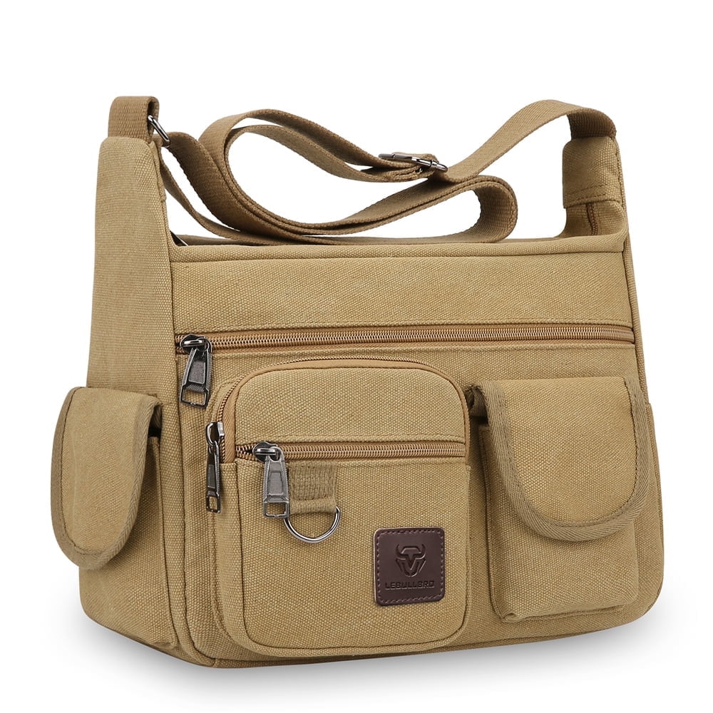LEBULLBRO Canvas Messenger Bag for Mens Womens Multi-pockets 13 inch Laptop Shoulder Sling Bags School Crossbody Bags Travel Khaki