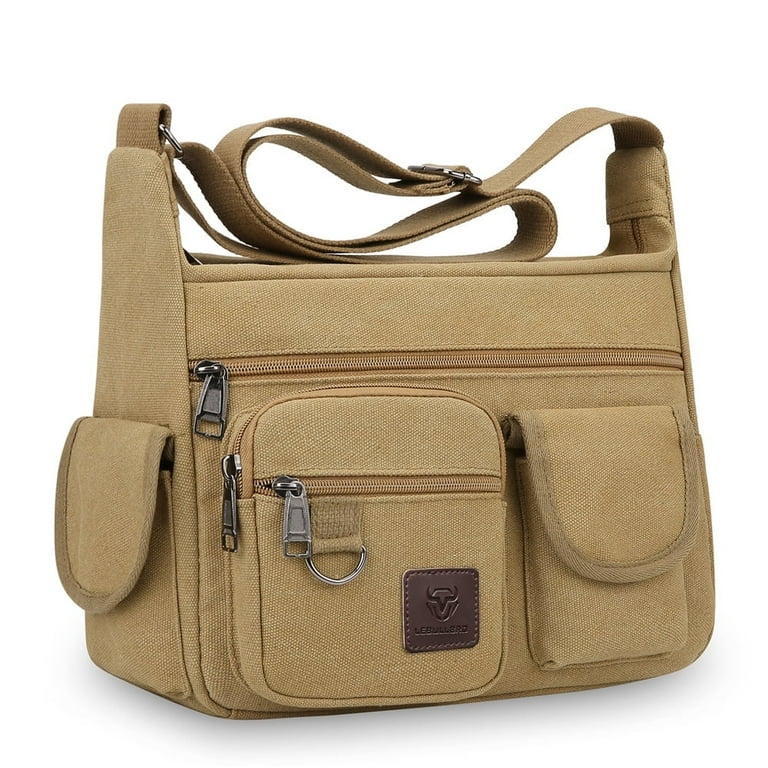 LEBULLBRO Canvas Messenger Bag for Mens Womens Multi-pockets 13 inch Laptop  Shoulder Sling Bags School Crossbody Bags Travel Khaki