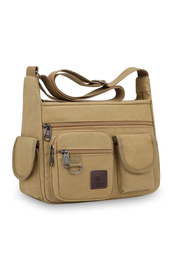 Canvas Messenger Bag for Mens Womens Multi-pockets 13 inch Laptop Shoulder Sling Bags School Crossbody Bags Travel Khaki