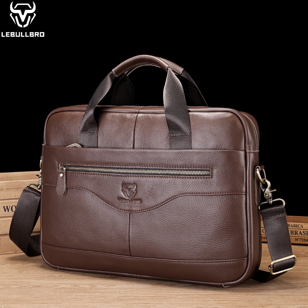 LEBULLBRO Mens Genuine Leather Briefcase Shoulder Messenger Bags Work Laptop Bag Coffee