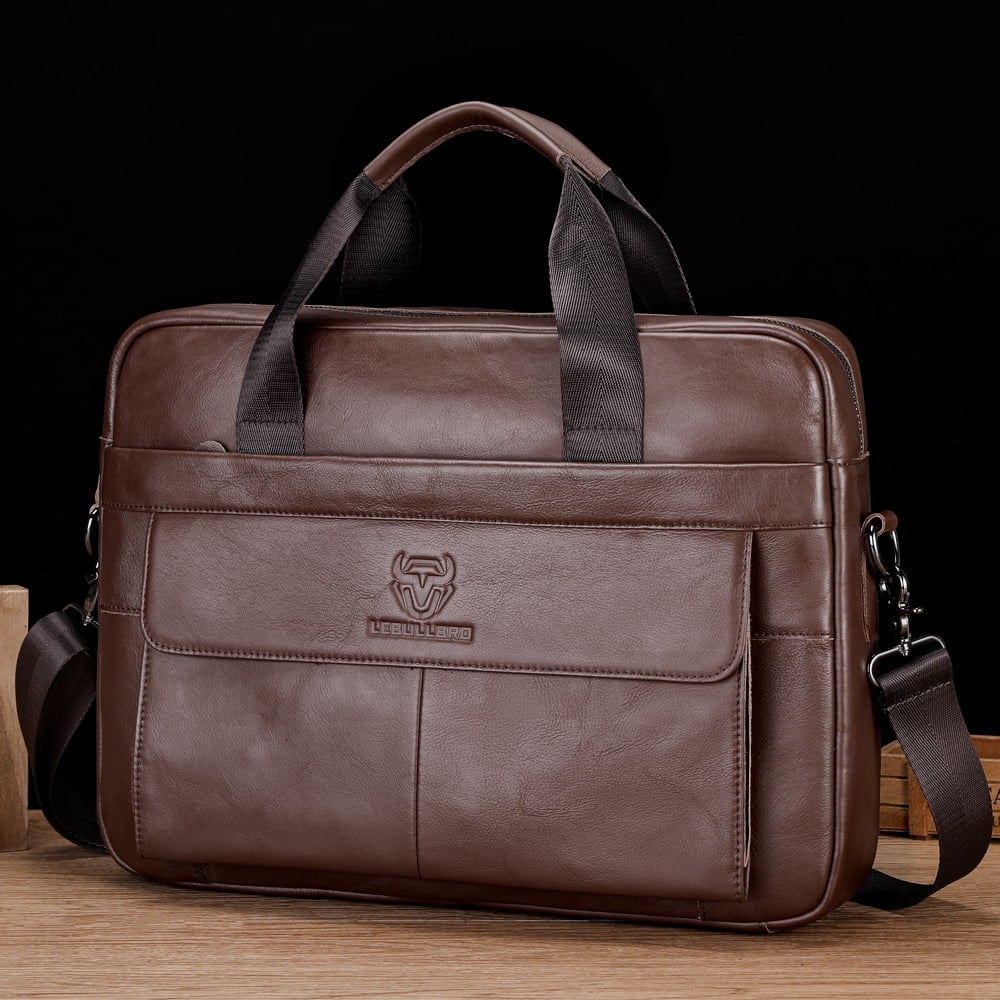 LEBULLBRO Mens Genuine Leather Briefcase Shoulder Messenger Bags Work Laptop Business Bag Coffee