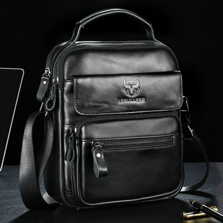 LEBULLBRO Mens Genuine Leather Sling Shoulder Bags Crossbody Business Office Bag Black