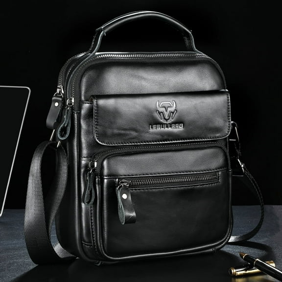 LEBULLBRO Mens Genuine Leather Sling Shoulder Bags Crossbody Business Office Bag Black