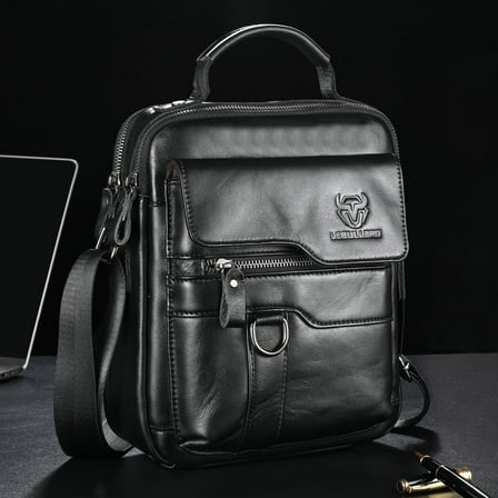 LEBULLBRO Mens Genuine Leather Sling Shoulder Messenger Bags Crossbody Business Office Work Bag Black