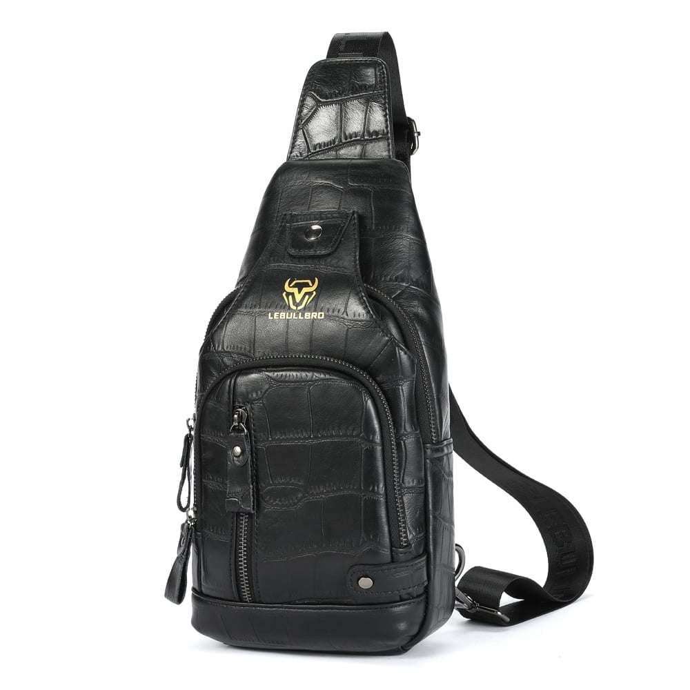 LEBULLBRO Sling Bag for Men Genuine Leather Chest Bag Crossbody Backpack Travel Hiking Outdoor Sports Alligator Pattern Cowhide