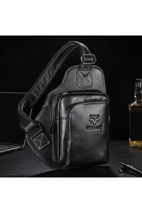 Sling Bag for Men Genuine Leather Chest Bag Crossbody Backpack Travel Hiking Outdoor Sports Black