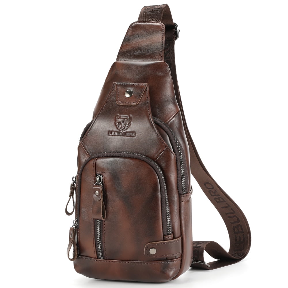 LEBULLBRO Sling Bag for Men Genuine Leather Chest Bag Crossbody Backpack Travel Hiking Outdoor Sports Brown Coffee