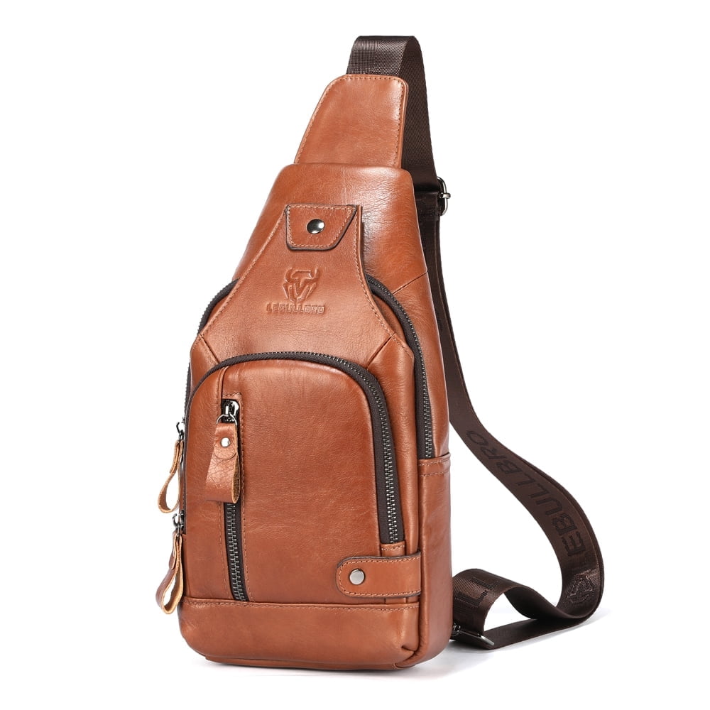 LEBULLBRO Sling Bag for Men Genuine Leather Chest Bag Crossbody Backpack Travel Hiking Outdoor Sports Brown