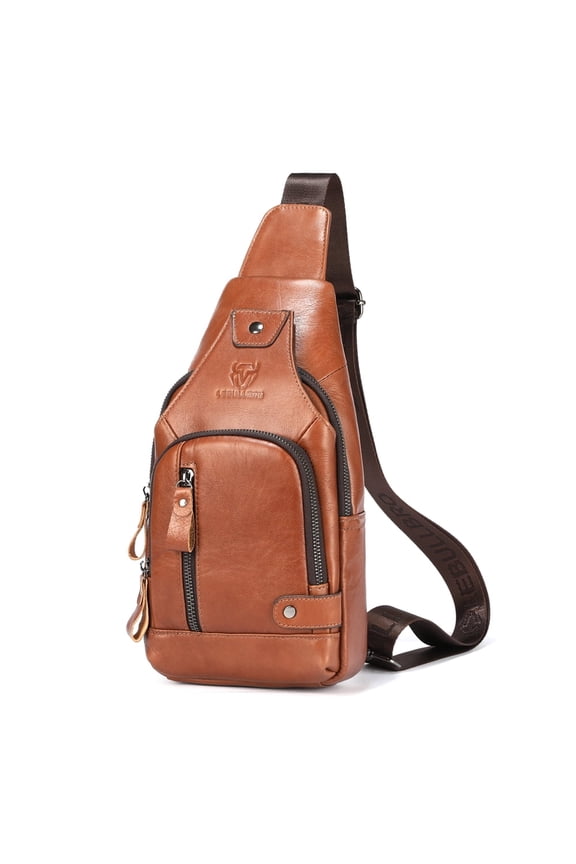 Sling Bag for Men Genuine Leather Chest Bag Crossbody Backpack Travel Hiking Outdoor Sports Brown