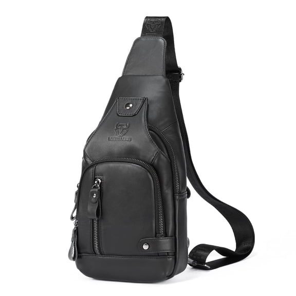 LEBULLBRO Sling Bag for Men Genuine Leather Chest Bag Crossbody Backpack Travel Hiking Outdoor Sports Black