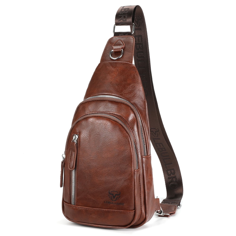 LEBULLBRO Sling Bag for Men Soft Leather Chest Bag Crossbody Backpack Travel Hiking Outdoor Sports Dark Brown